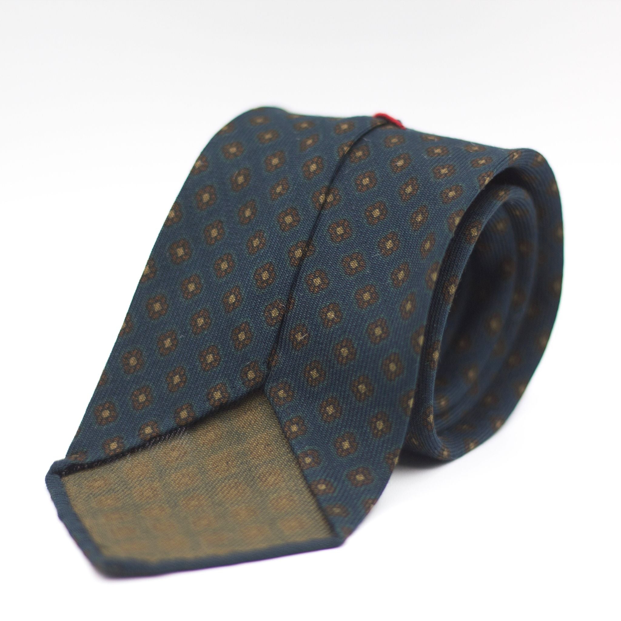 Cruciani & Bella 100%  Printed Wool  Unlined Hand rolled blades Green, Brown  and Light Brown Motifs Tie Handmade in Italy 8 cm x 150 cm