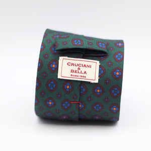 Cruciani & Bella 100% Printed Silk Silk Made in England  Tipped Green, Burgundy, Blue and Orange Motif Tie 8 cm x 150 cm Handmade in Italy