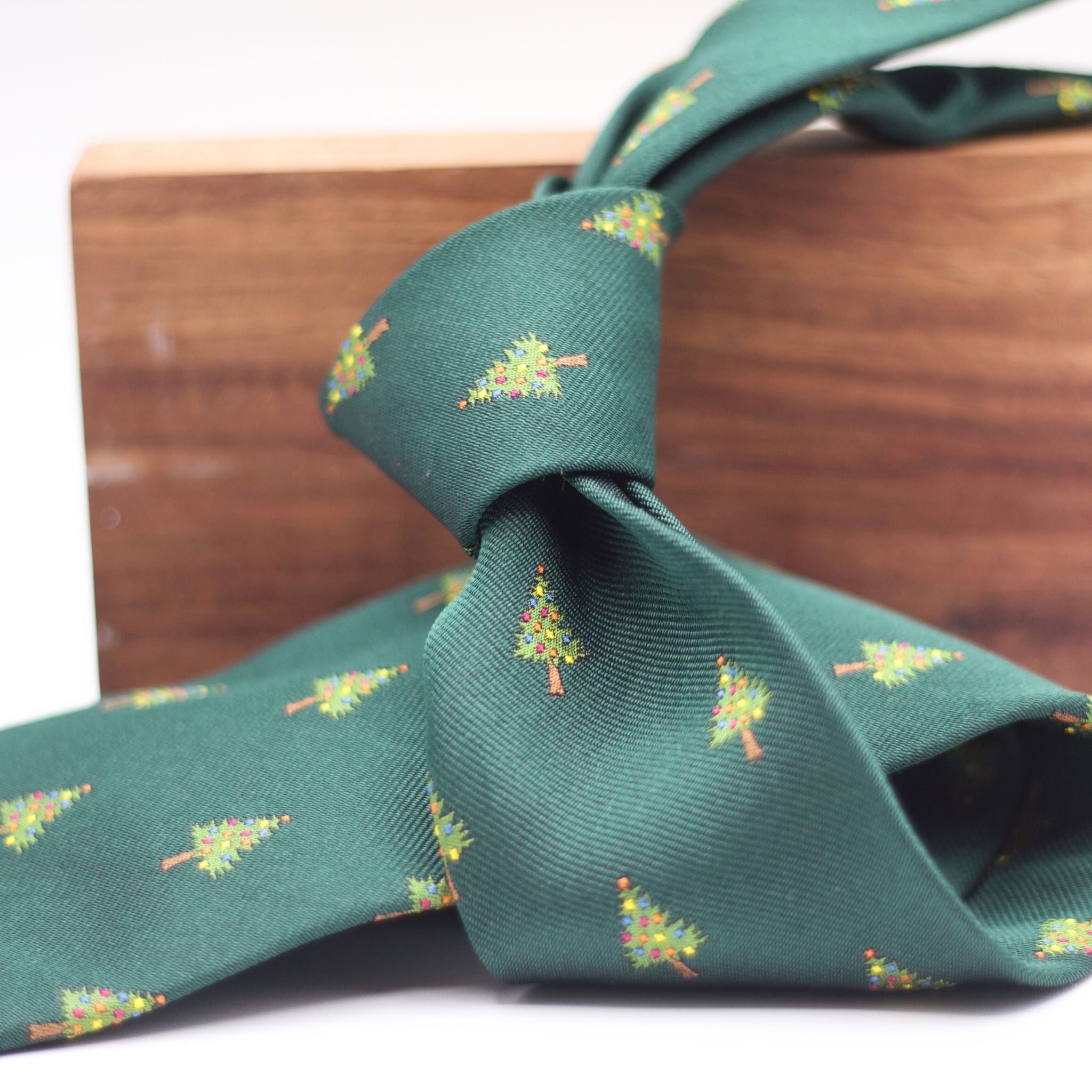 Cruciani & Bella 100% silk Tipped Green, Christmas Trees  embroidery motif Tie Made in England 8 cm x 150 cm
