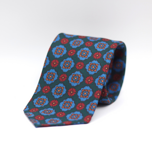 Cruciani & Bella 100% Printed Silk 36 oz UK fabric Unlined Green, Light Blue, Red and Beige Motif Unlined Tie Handmade in Italy 8 x 150 cm