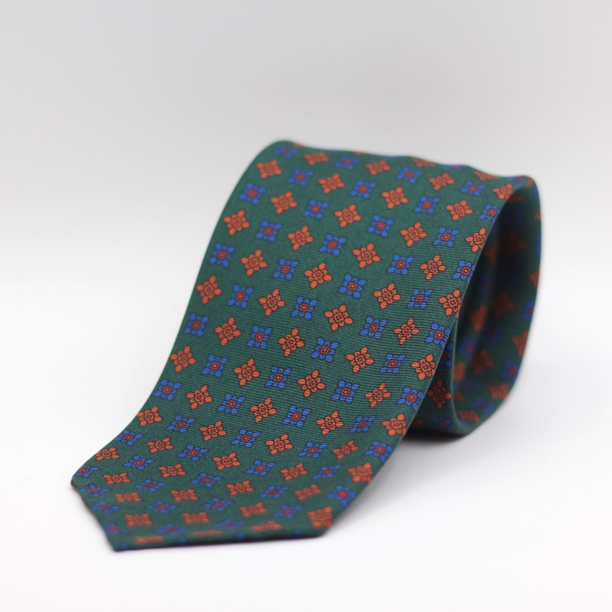 Cruciani & Bella 100% Printed Silk Unlined Green, Orange and Light Blue Motif Unlined Tie Handmade in England 8 x 153 cm