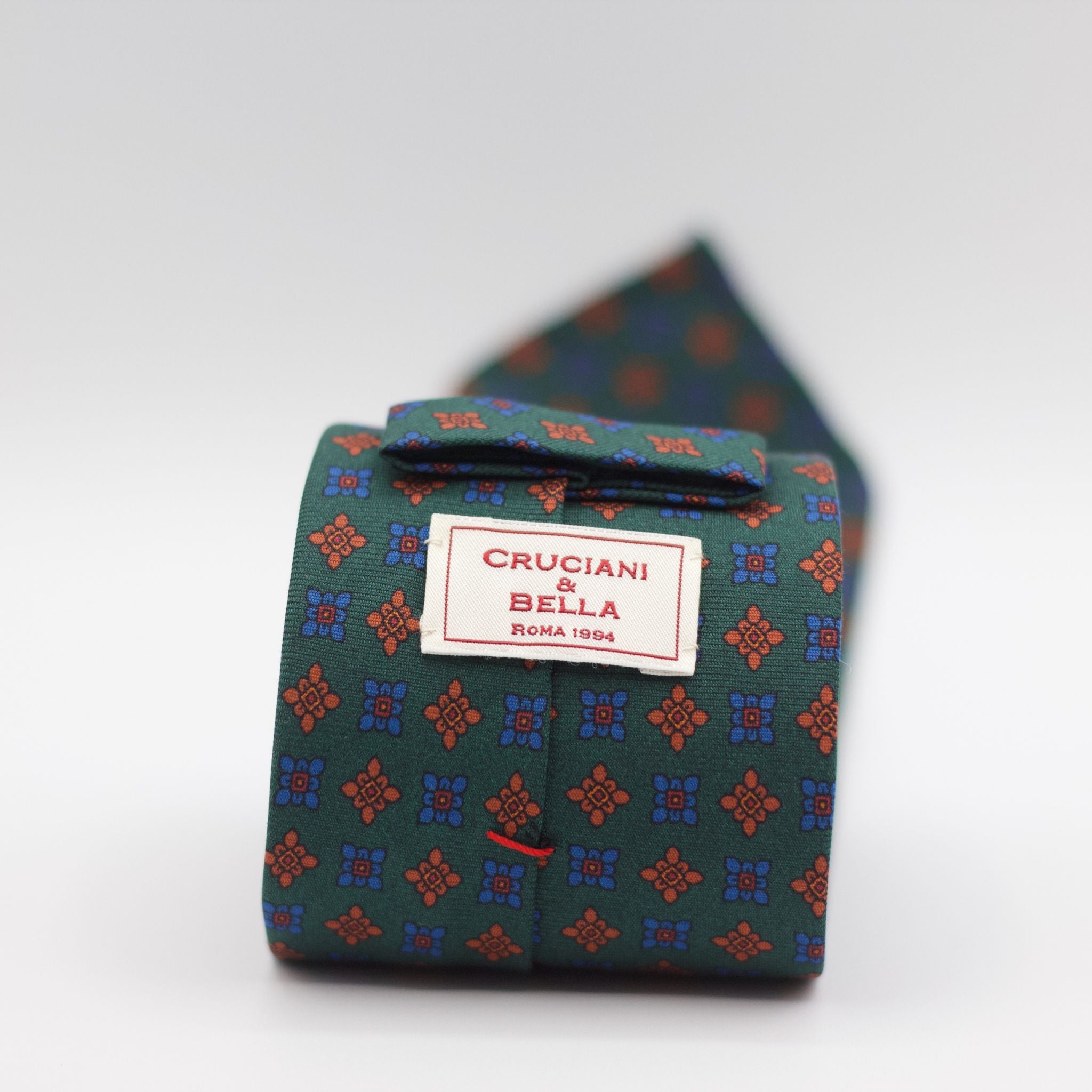 Cruciani & Bella 100% Printed Silk Unlined Green, Orange and Light Blue Motif Unlined Tie Handmade in England 8 x 153 cm
