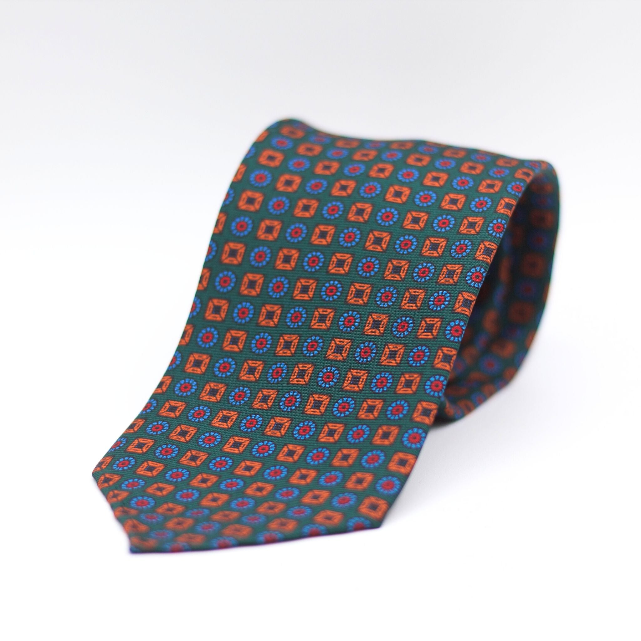 Cruciani & Bella 100% Printed Silk 36 oz UK fabric Unlined Green, Orange and Light Blue Unlined Tie Handmade in Italy 8 x 150 cm