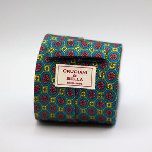 Cruciani & Bella 100% Silk Printed Self-Tipped Green, Red, Yellow and White Motif Tie Handmade in Rome, Italy. 8 cm x 150 cm