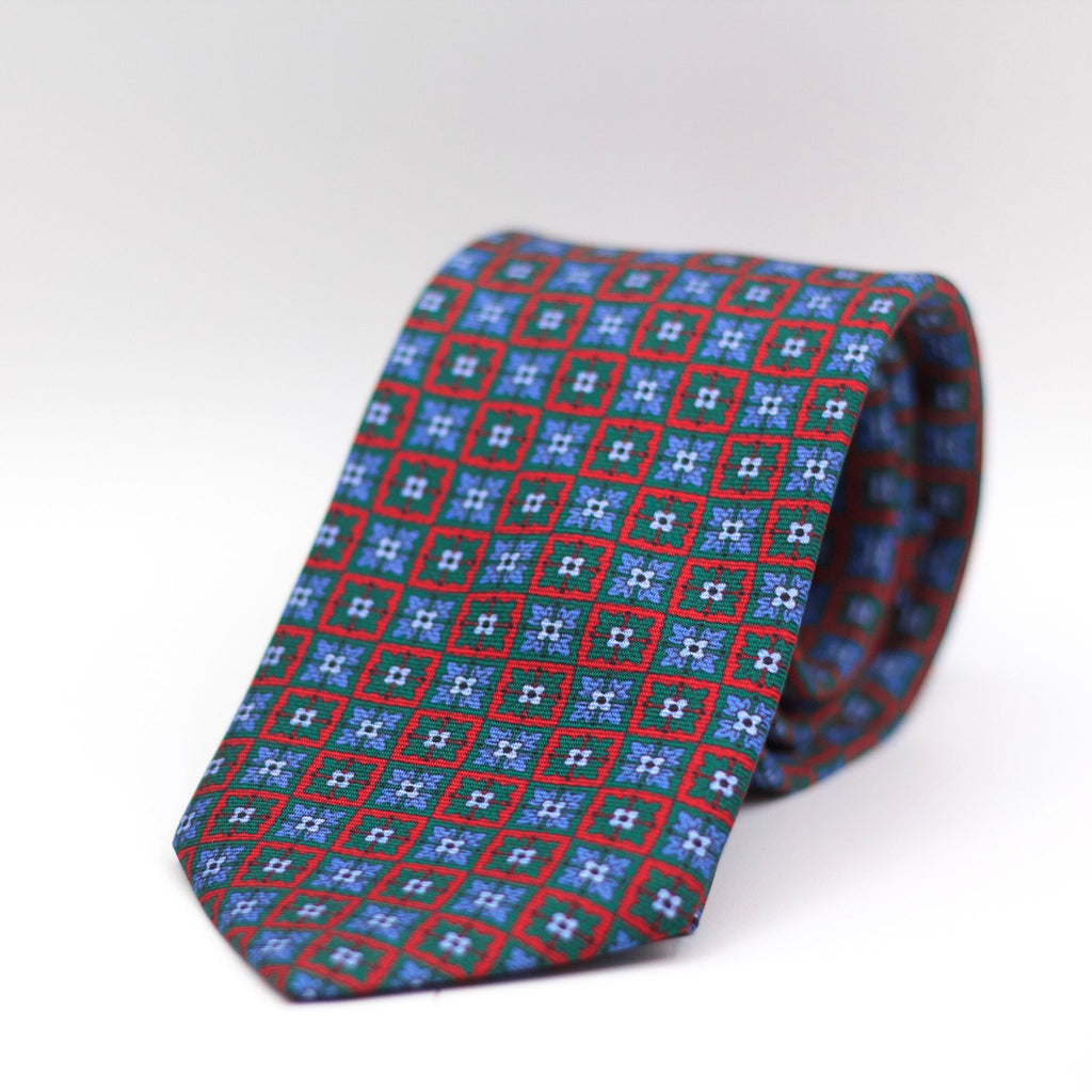 Cruciani & Bella 100% Silk Printed Self-Tipped Green and Red, Light Blue Motif Tie Handmade in Rome, Italy. 8 cm x 150 cm