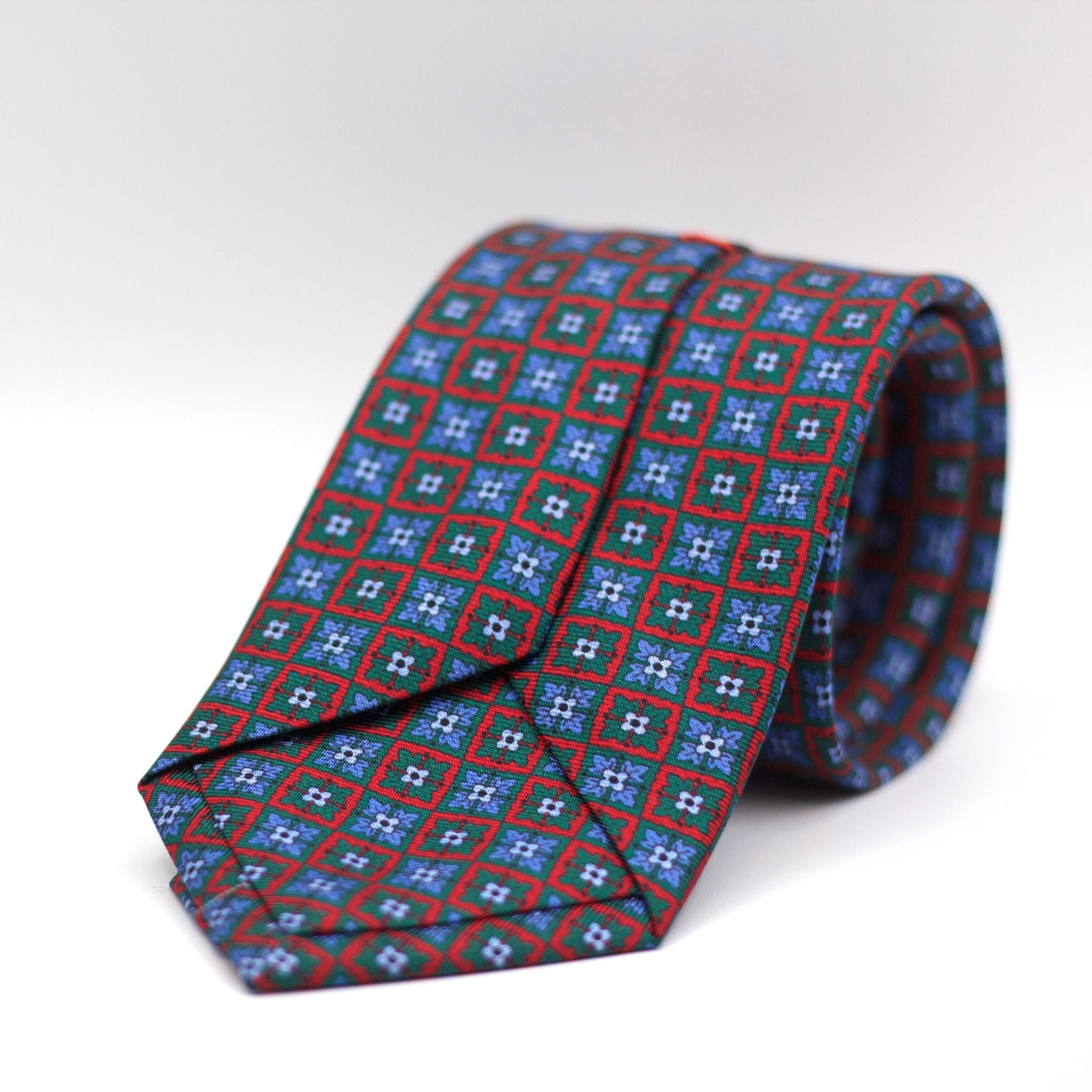 Cruciani & Bella 100% Silk Printed Self-Tipped Green and Red, Light Blue Motif Tie Handmade in Rome, Italy. 8 cm x 150 cm