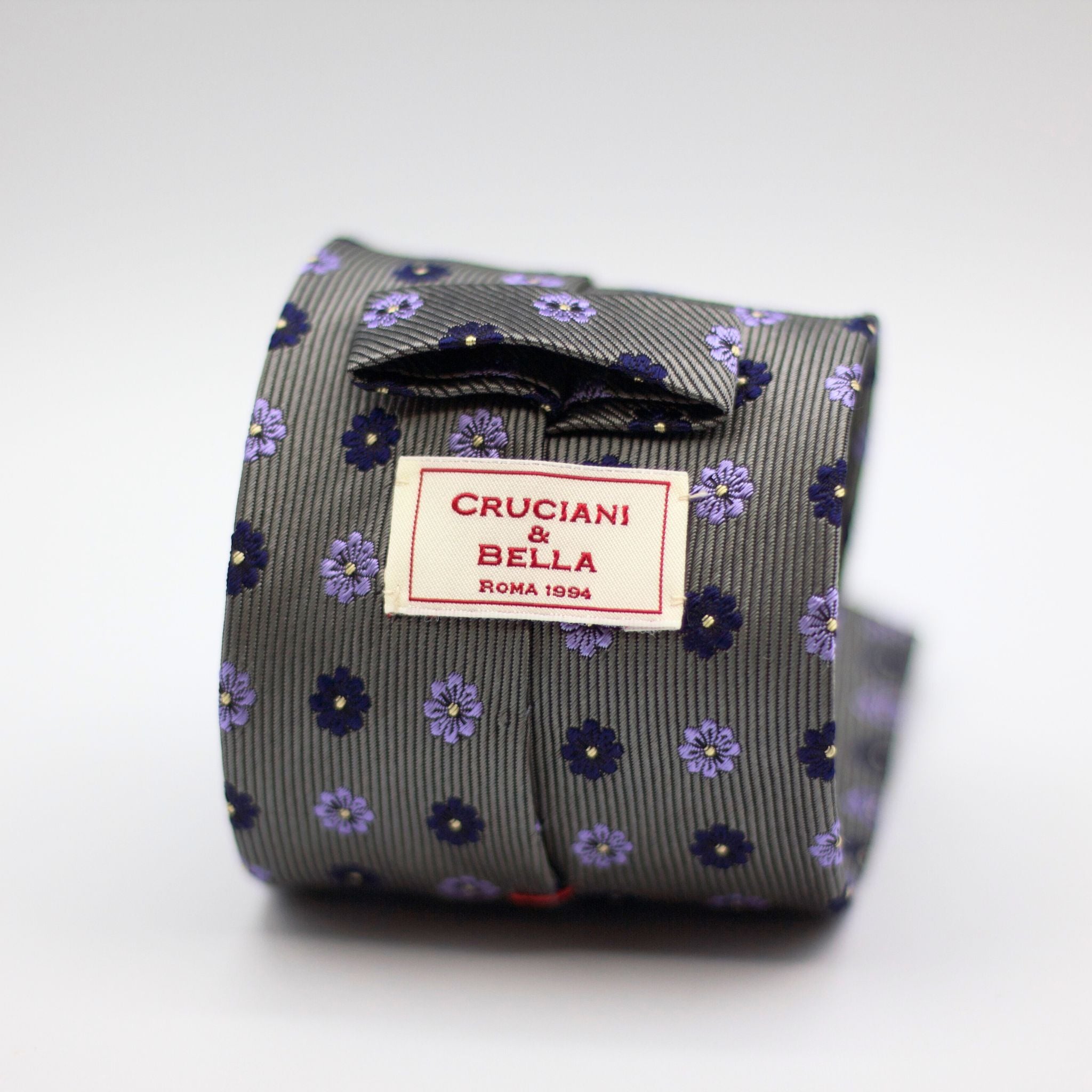 Cruciani & Bella 100% Silk Made in England Jacquard  Tipped Grey, Blue Navy and Lilac Floral Motif Tie Handmade in Italy 8 cm x 150 cm