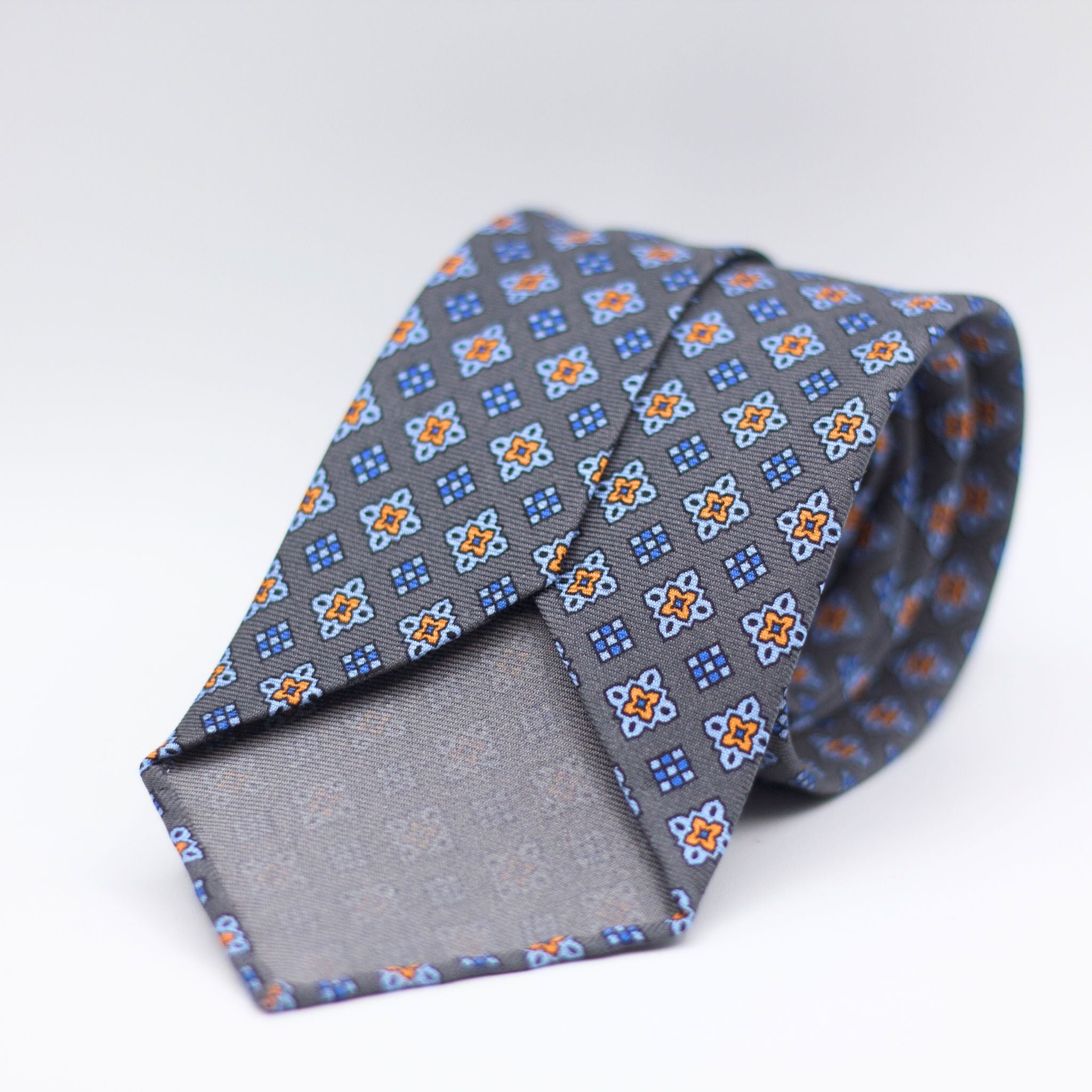 Cruciani & Bella 100% Printed Silk 36 oz UK fabric Unlined Grey, Blue, Light Blue and Orange Motif Unlined Tie Handmade in Italy 8 x 150 cm