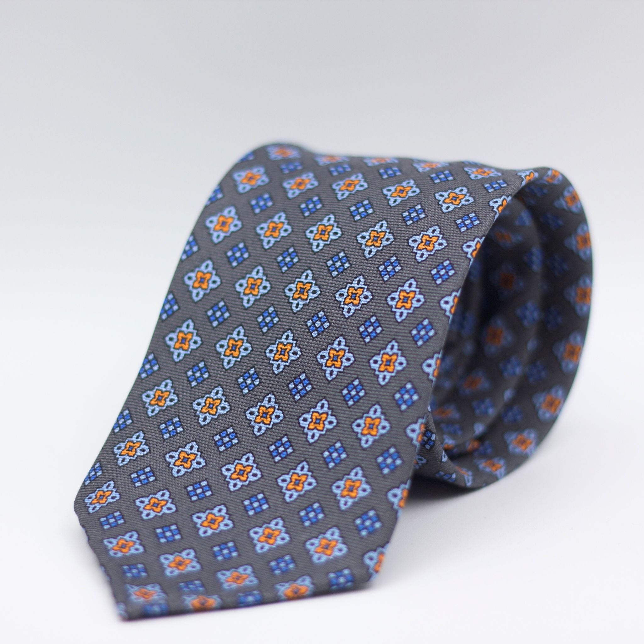 Cruciani & Bella 100% Printed Silk 36 oz UK fabric Unlined Grey, Blue, Light Blue and Orange Motif Unlined Tie Handmade in Italy 8 x 150 cm