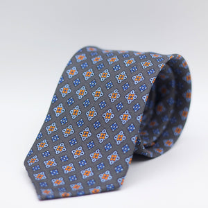 Cruciani & Bella 100% Printed Silk 36 oz UK fabric Unlined Grey, Blue, Light Blue and Orange Motif Unlined Tie Handmade in Italy 8 x 150 cm