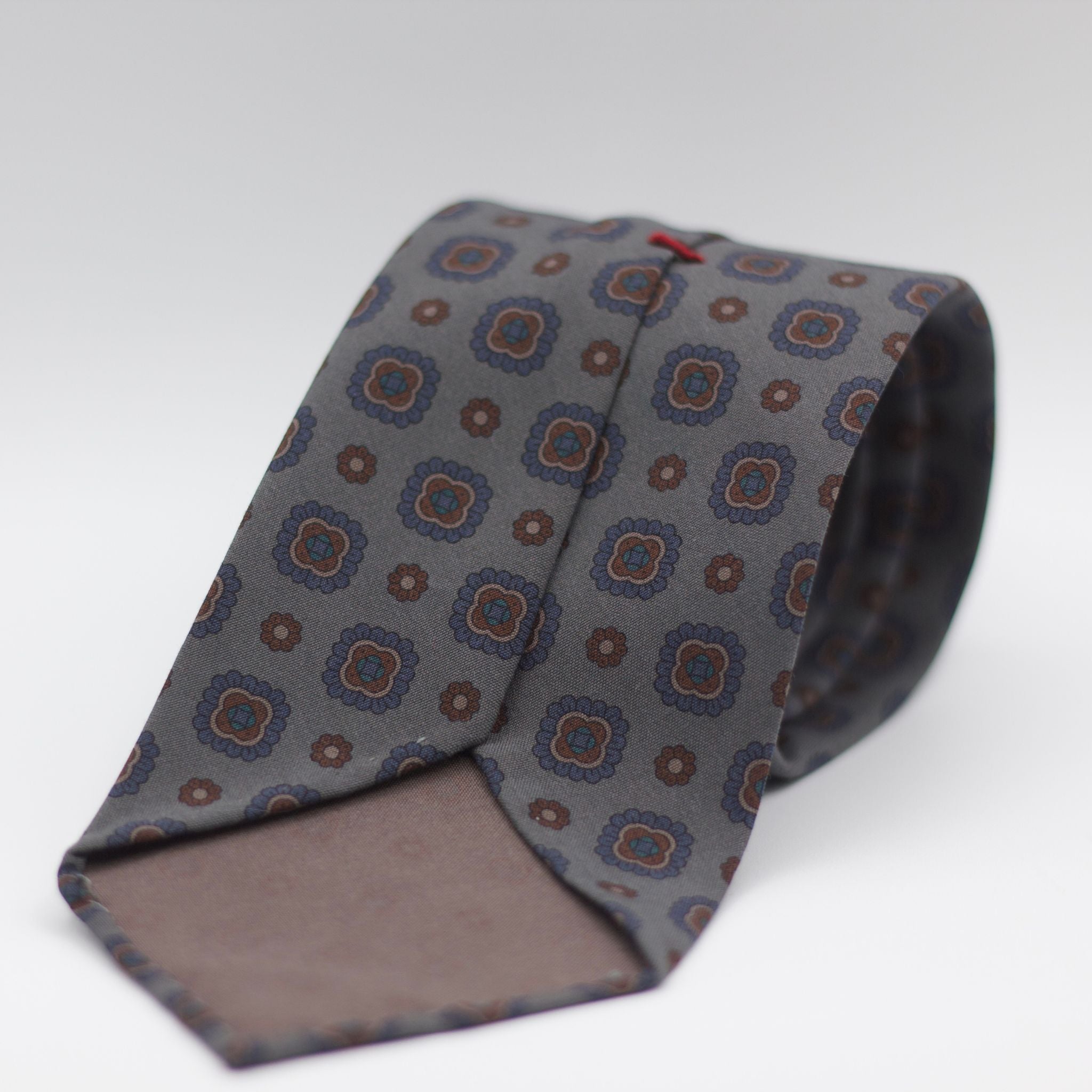 Cruciani & Bella 100% Printed Madder Silk  Italian fabric Unlined tie Grey, Blue and Brown Motif Unlined Tie Handmade in Italy 8 cm x 150 cm