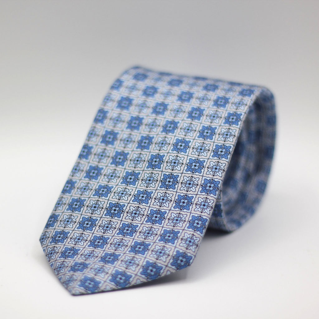 Cruciani & Bella 100% Silk Printed Self-Tipped Grey, Blue and Light Blue Motif Tie Handmade in Rome, Italy. 8 cm x 150 cm