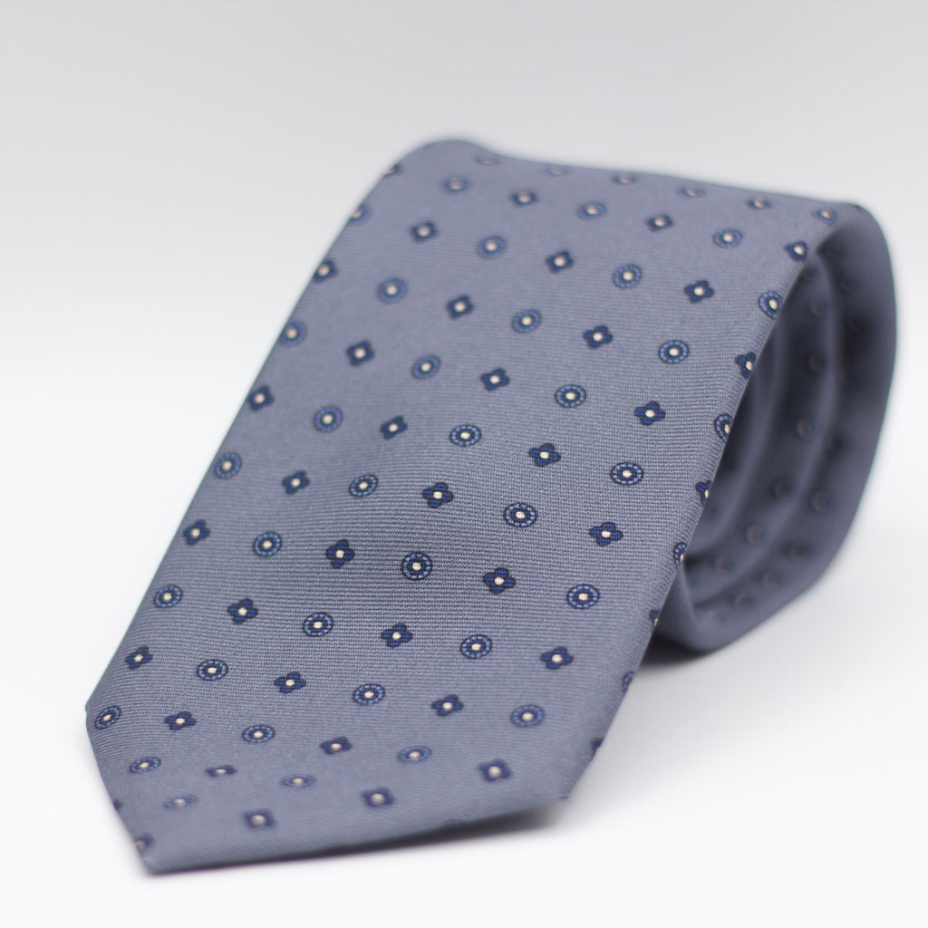 Holliday & Brown for Cruciani & Bella 100% Printed Silk Self-Tipped Grey, Light Blue and White  motif tie Handmade in Italy 8 cm x 150 cm