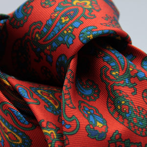 Cruciani & Bella 100% Silk Printed Self-Tipped Red, Green, Yellow and Blue Paisley Motif Tie Handmade in Rome, Italy. 8 cm x 150 cm #7812