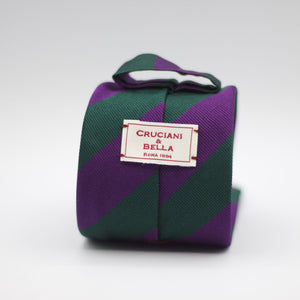 Cruciani & Bella 100% Silk Slim Shape Jacquard  Unlined Regimental "Highland Brigade" Green and Purple stripes tie Handmade in Italy 8 cm x 150 cm #6135