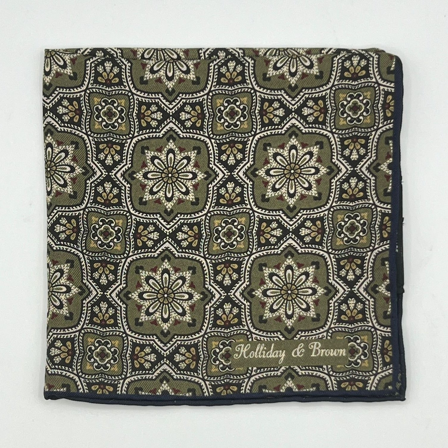 Holliday & Brown - Silk - Olive Green, Blue and Off White Double Patterned Motif Pocket Square #7970