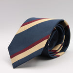 Holliday & Brown for Cruciani & Bella 100% Silk Jacquard  Regimental "Oxford Old Merchant Taylors" Blue, Burgundy and Gold stripe tie Handmade in Italy 8 cm x 150 cm