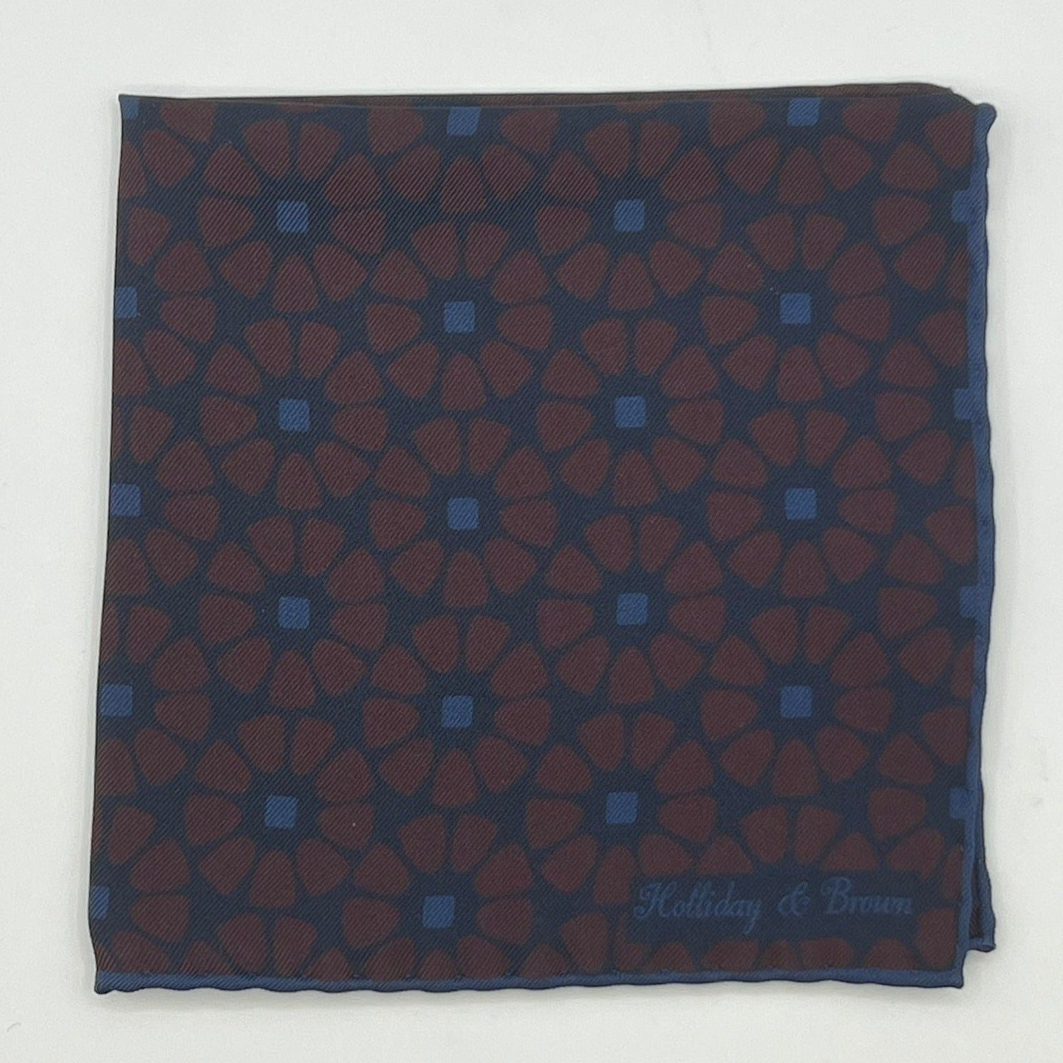 Holliday & Brown Hand-rolled   Holliday & Brown for Cruciani & Bella 100% Silk Red Wine and Blue Double Faces Patterned  Motif  Pocket Square Handmade in Italy 32 cm X 32 cm