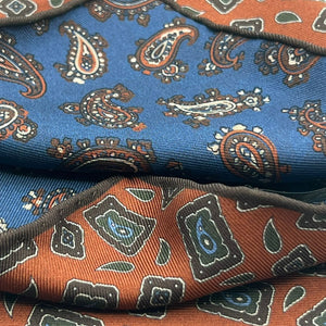 Holliday & Brown Hand-rolled   Holliday & Brown for Cruciani & Bella 100% Silk Rust, Green, Brown Double Faces Patterned  Motif  Pocket Square Handmade in Italy 32 cm X 32 cm