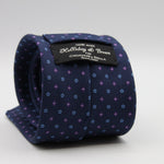 Holliday &amp; Brown for Cruciani &amp; Bella
100% Printed Silk
Self Tipped
Navy Blue, Purple and Light Blue motif Tie
Handmade in Italy
8 cm x 150 cm
#9361