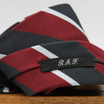 Holliday &amp; Brown
100% Jacquard Silk
Tipped
"R.A.F." Regimental Tie

Handmade in Italy
8 cm x 148 cm
#8813