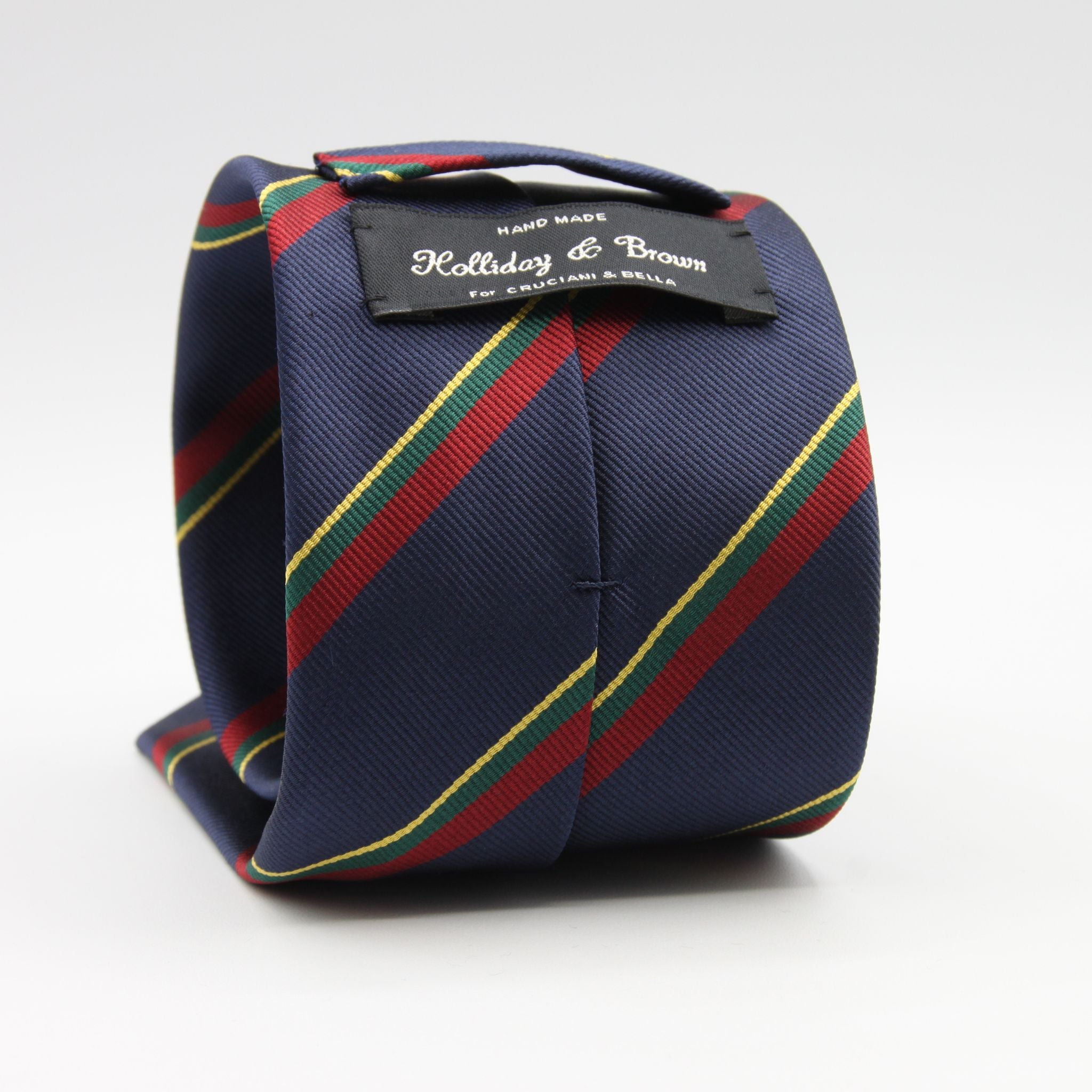 Holliday &amp; Brown
100% Jacquard Silk
Tipped
"Royal Marines" Regimental Tie
Blue, Red, Green and Yellow Stripes
Handmade in Italy
8 cm x 148 cm
#8810