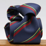 Holliday &amp; Brown
100% Jacquard Silk
Tipped
"Royal Marines" Regimental Tie
Blue, Red, Green and Yellow Stripes
Handmade in Italy
8 cm x 148 cm
#8810
