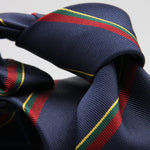 Holliday &amp; Brown
100% Jacquard Silk
Tipped
"Royal Marines" Regimental Tie
Blue, Red, Green and Yellow Stripes
Handmade in Italy
8 cm x 148 cm
#8810