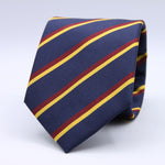 Holliday &amp; Brown for Cruciani &amp; Bella
100% Jacquard Silk
Tipped
Regimental Tie
Navy Blue, Yellow and Red Stripes
Handmade in Italy
8 cm x 148 cm
#9849