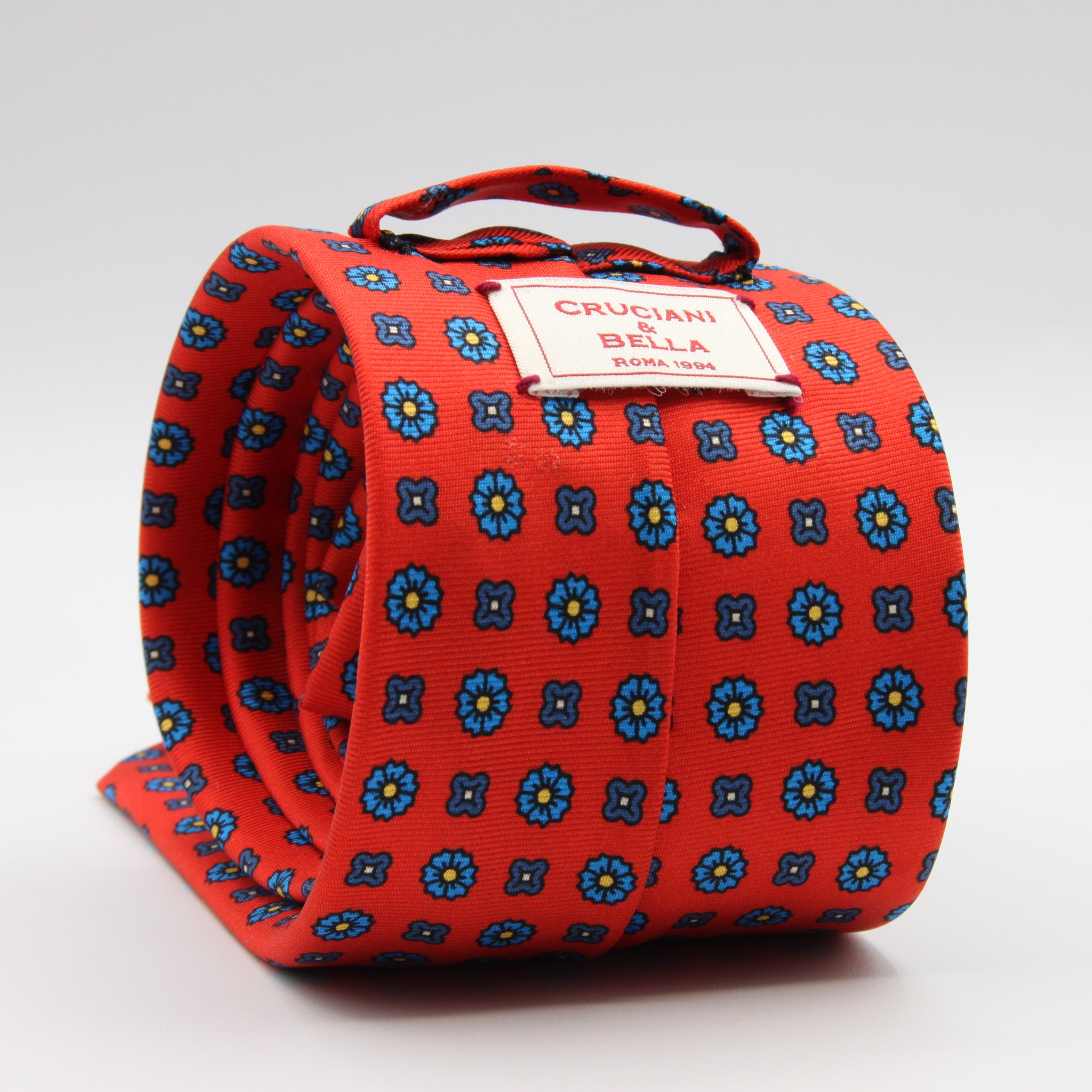 Cruciani &amp; Bella Tie
100%&nbsp; Silk
Printed and Handmade in Italy
Self-Tipped
Red, Blue and Yellow Tie

8 cm x 150 cm
#9604
