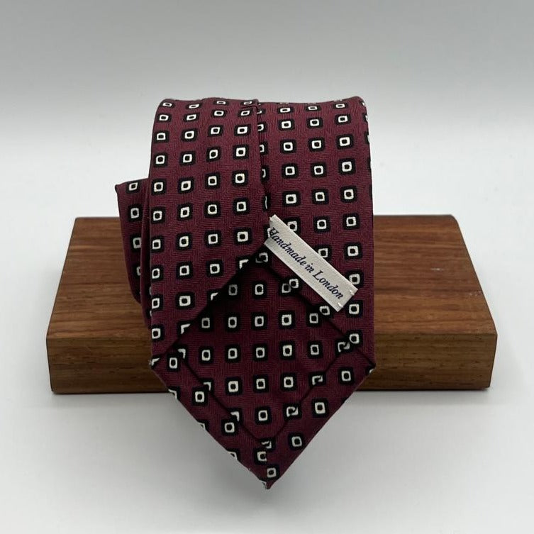 Drake's- Printed Silk - Red Wine, White and Black Motif Tie #0185-1