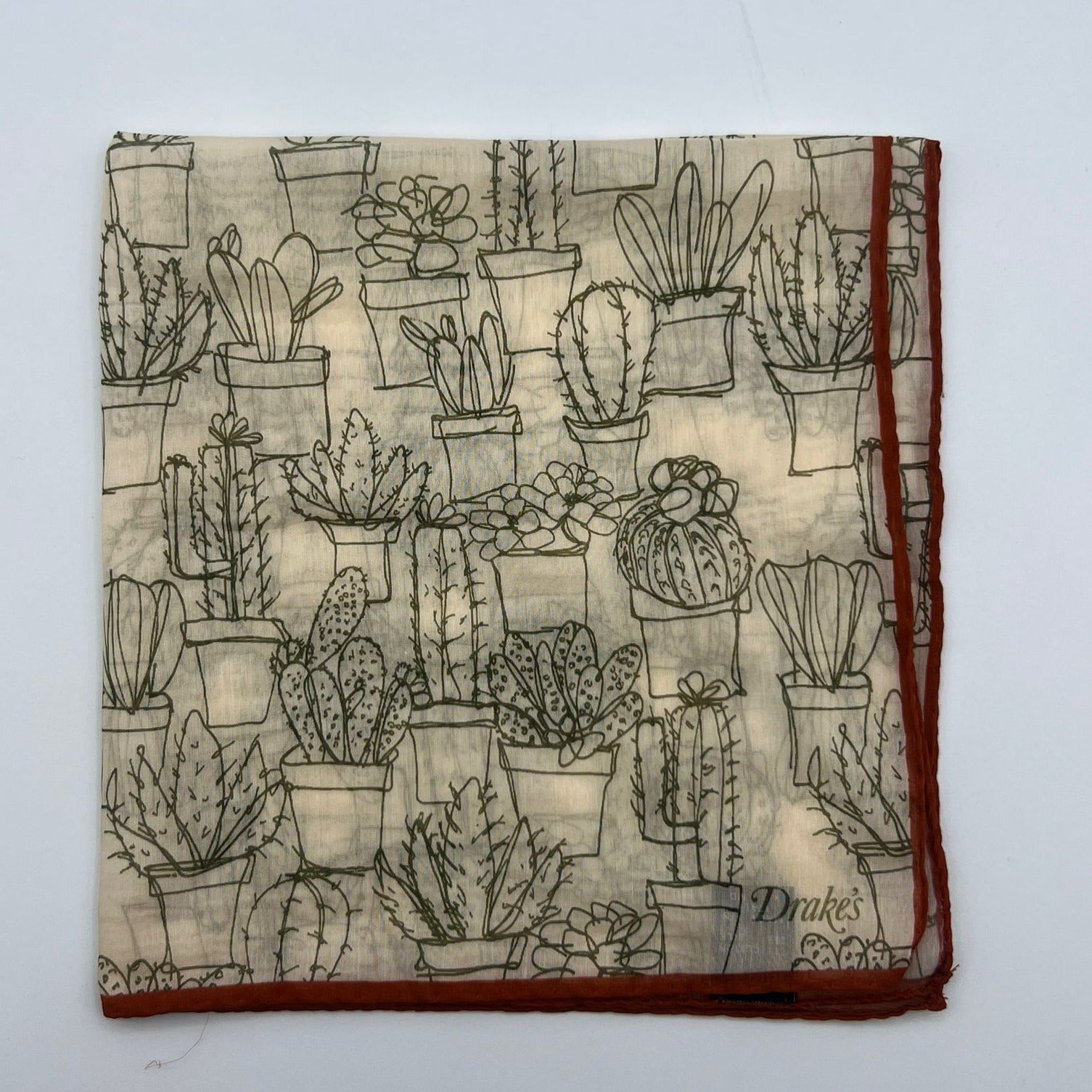 Drake's 72% Cotton 28% Silk Hand-rolled Off White and Rust -  Pocket Square Handmade in Italy 41 cm X 41cm #3088