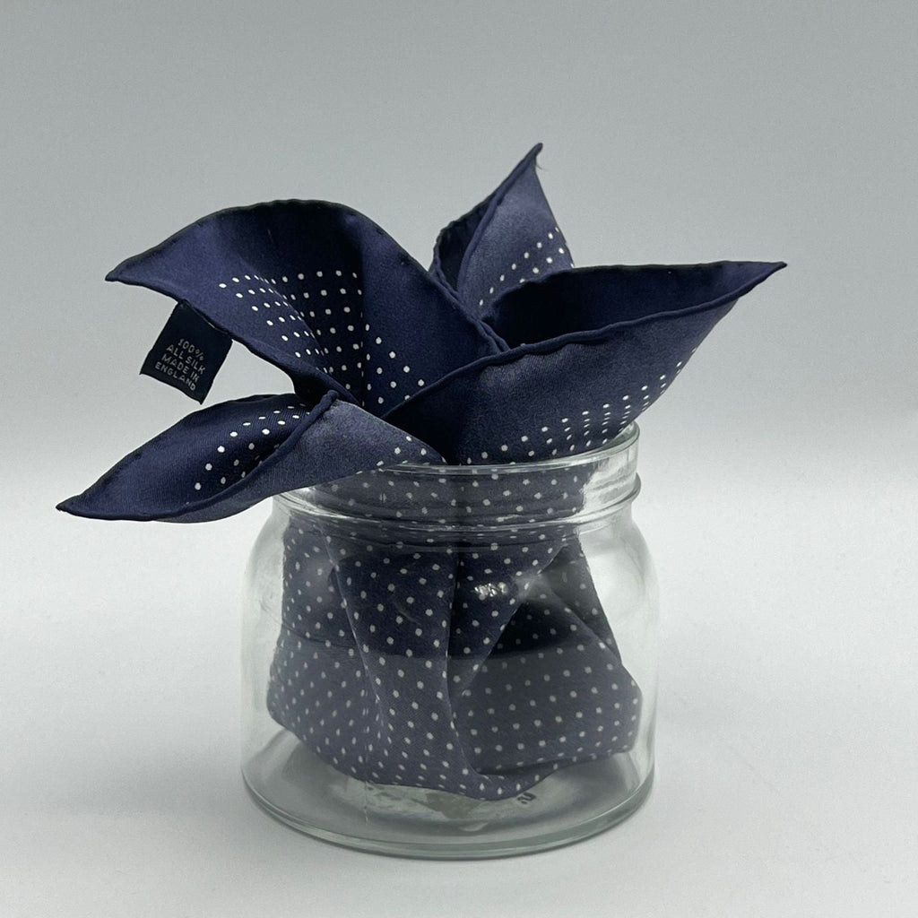 Cruciani & Bella 100% Printed Silk  Hand-rolled Blue and White Dot Motif Pocket Square Handmade in England 32 cm  X 32 cm #2635