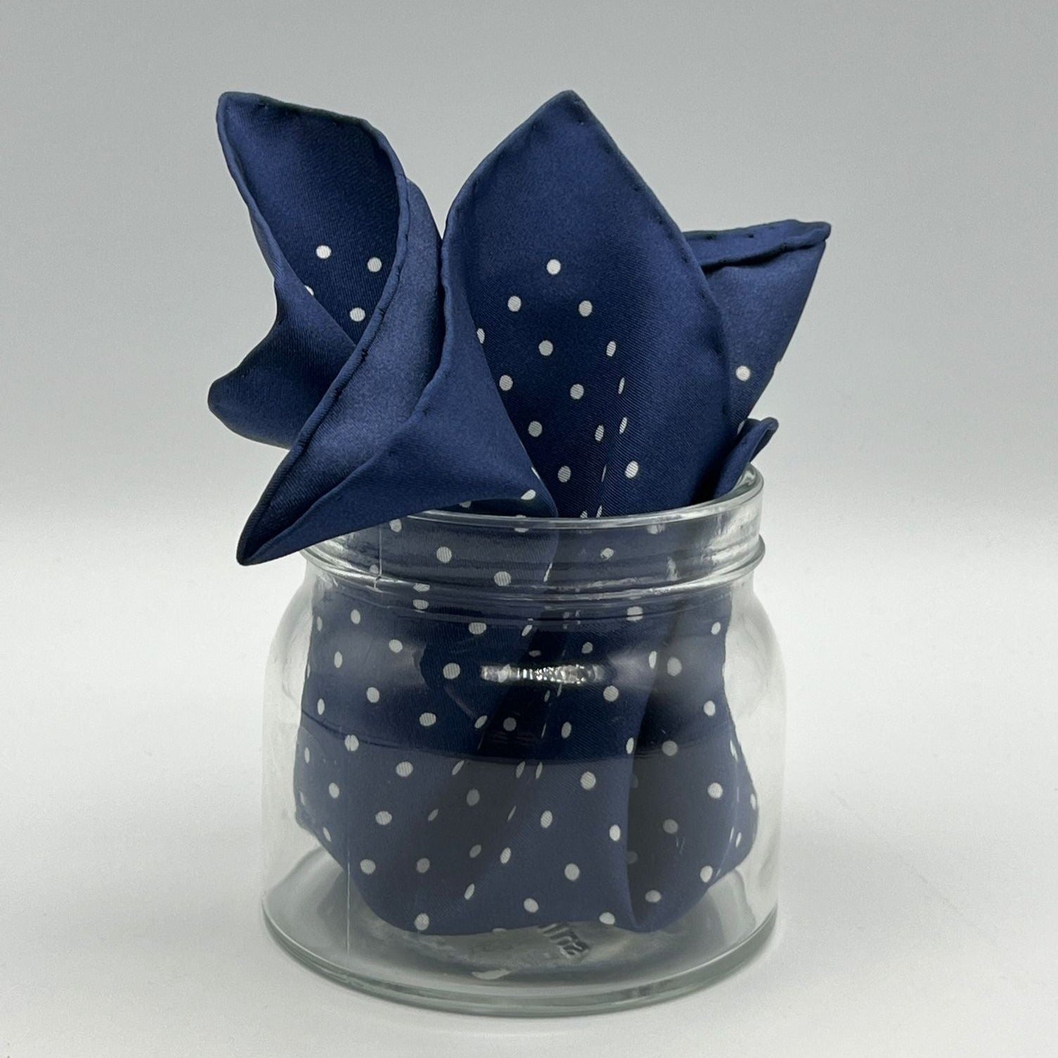 Cruciani & Bella 100% Printed Silk  Hand-rolled Navy Blue and White Spot Motif Pocket Square Handmade in England 32 cm  X 32 cm #4548