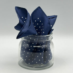 Cruciani & Bella 100% Printed Silk  Hand-rolled Navy Blue and White Spot Motif Pocket Square Handmade in England 32 cm  X 32 cm #4548