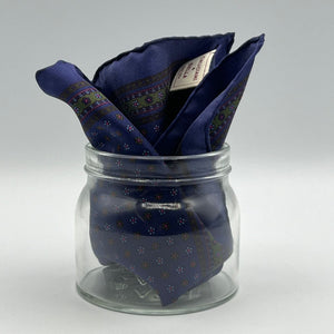 Cruciani & Bella 100% Printed Silk  Hand-rolled Electric Blue and Green Floral Motif Pocket Square Handmade in England 32 cm  X 32 cm #4542