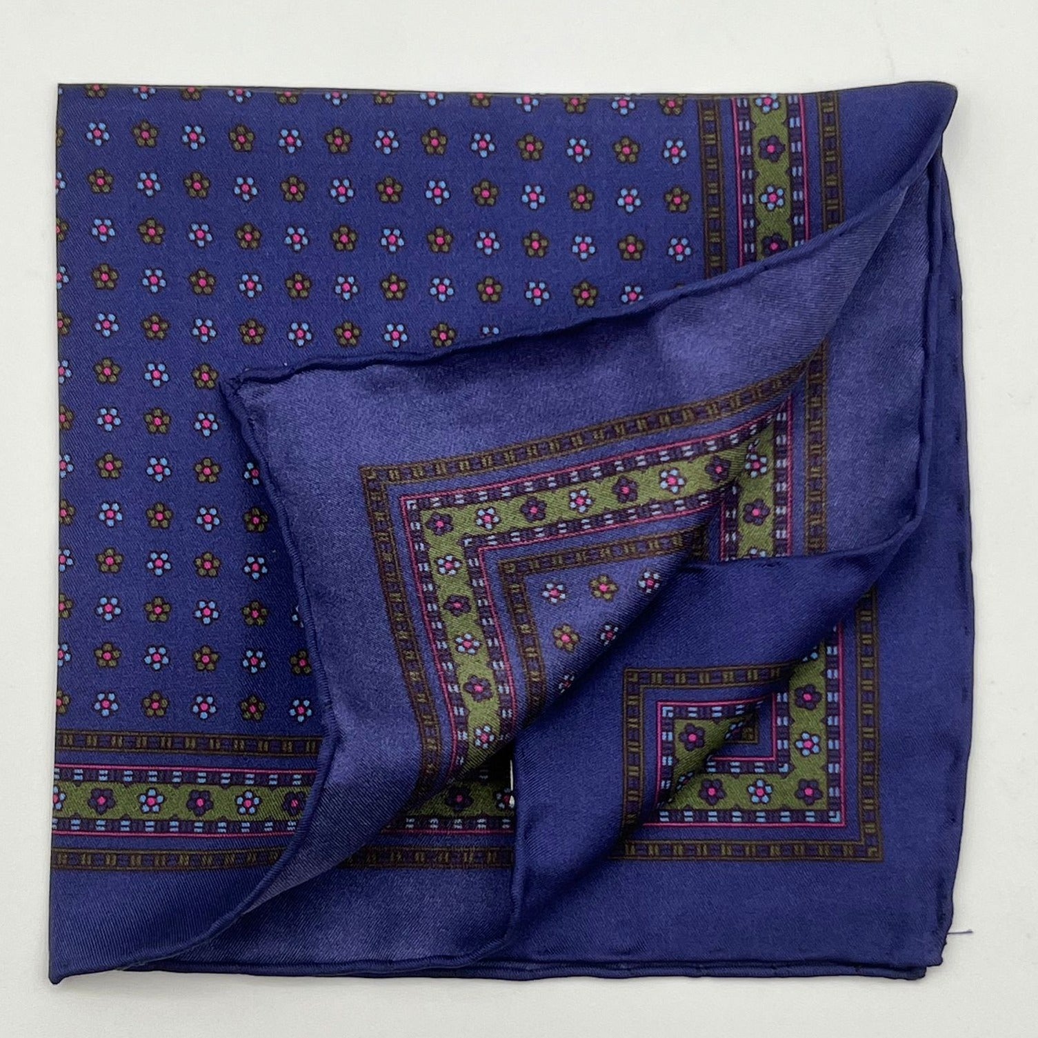 Cruciani & Bella - Printed Silk - Electric Blue and Green Floral Motif Pocket Square #4542