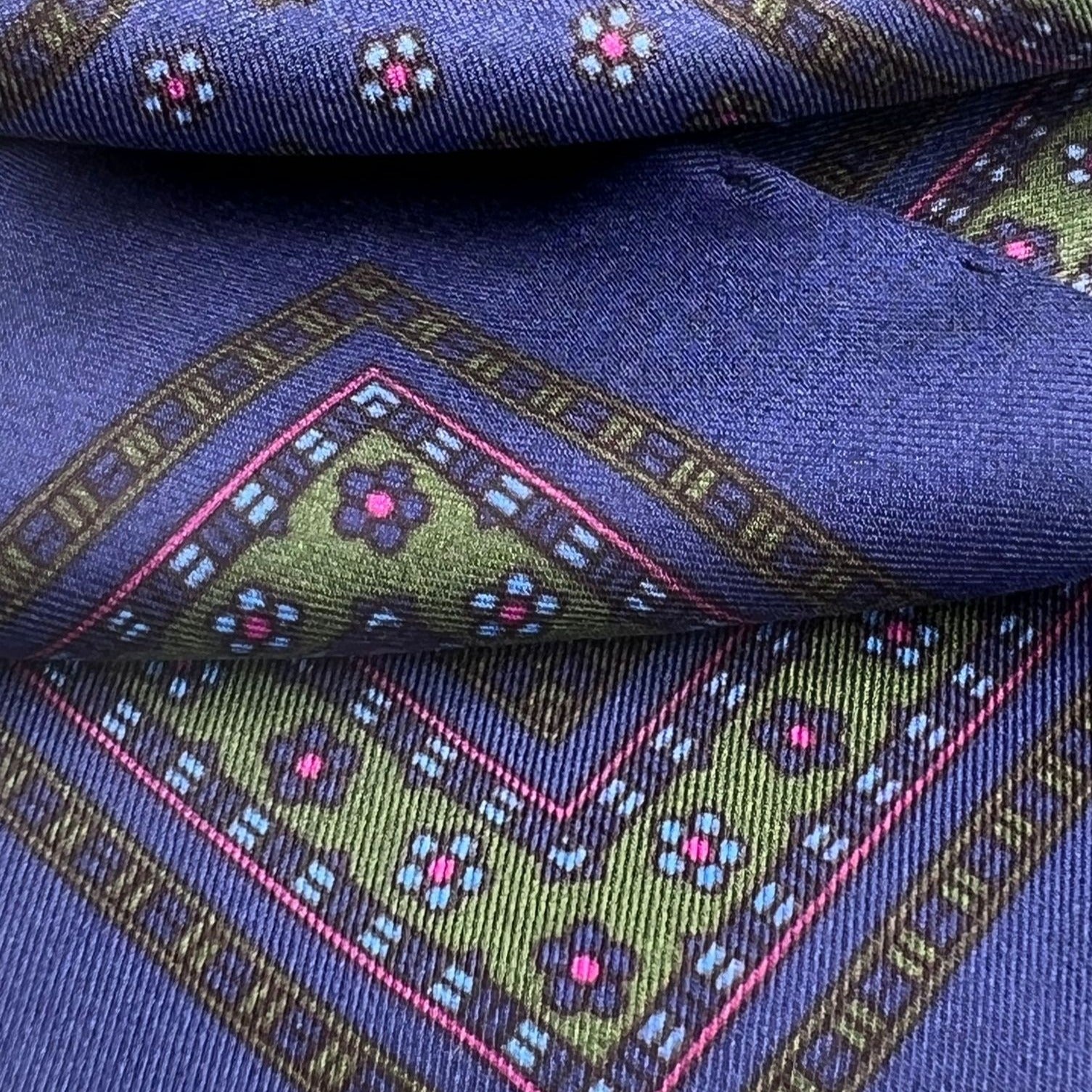 Cruciani & Bella - Printed Silk - Electric Blue and Green Floral Motif Pocket Square #4542
