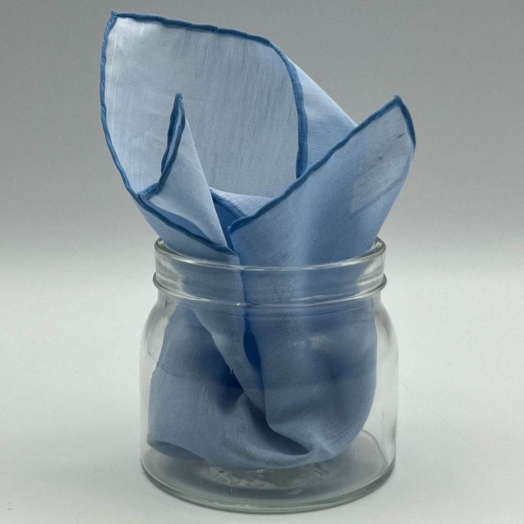 Cruciani & Bella 60%Linen 40% Cotton Hand-rolled  -  Pocket Square Light Blue  Handmade in Italy 33 cm X 33 cm #4562