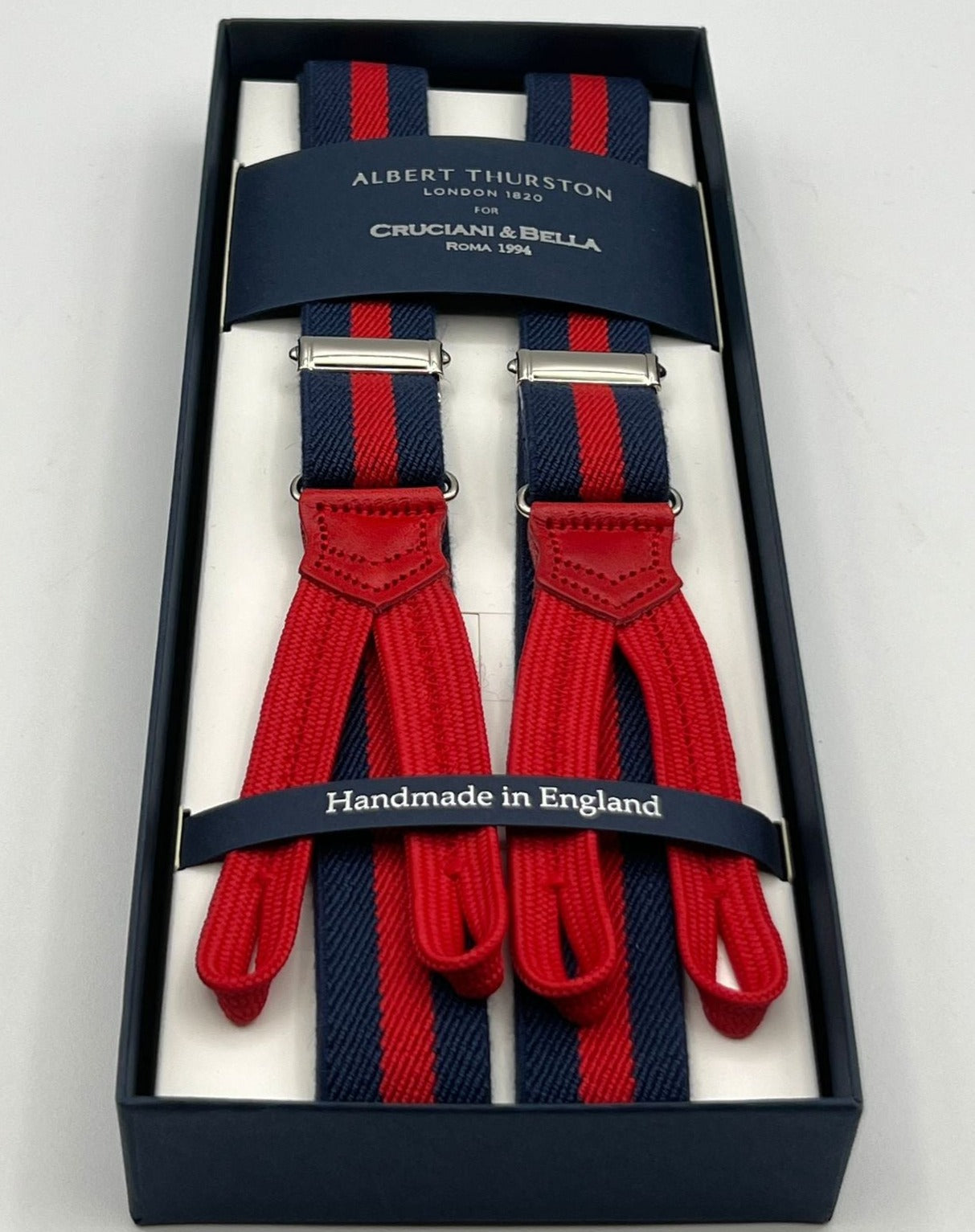 Albert Thurston for Cruciani & Bella Made in England Adjustable Sizing 25 mm elastic braces Blue, Red Stripes  Braid ends Y-Shaped Nickel  Fittings Size: XL