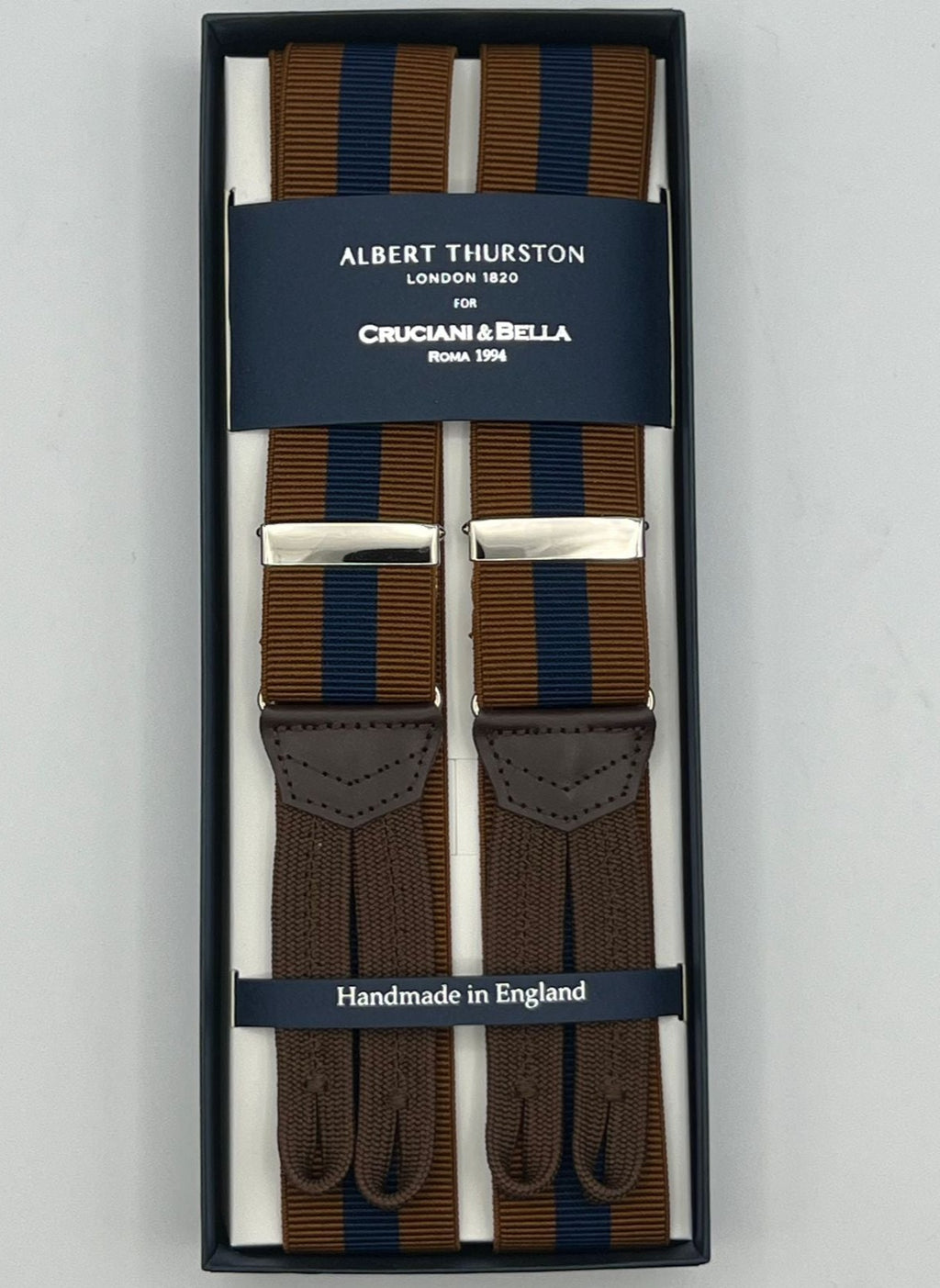Albert Thurston for Cruciani & Bella Made in England Adjustable Sizing 35 mm Elastic Braces Brown, Bleu Stripe Braid ends Y-Shaped Nickel Fittings Size: XL