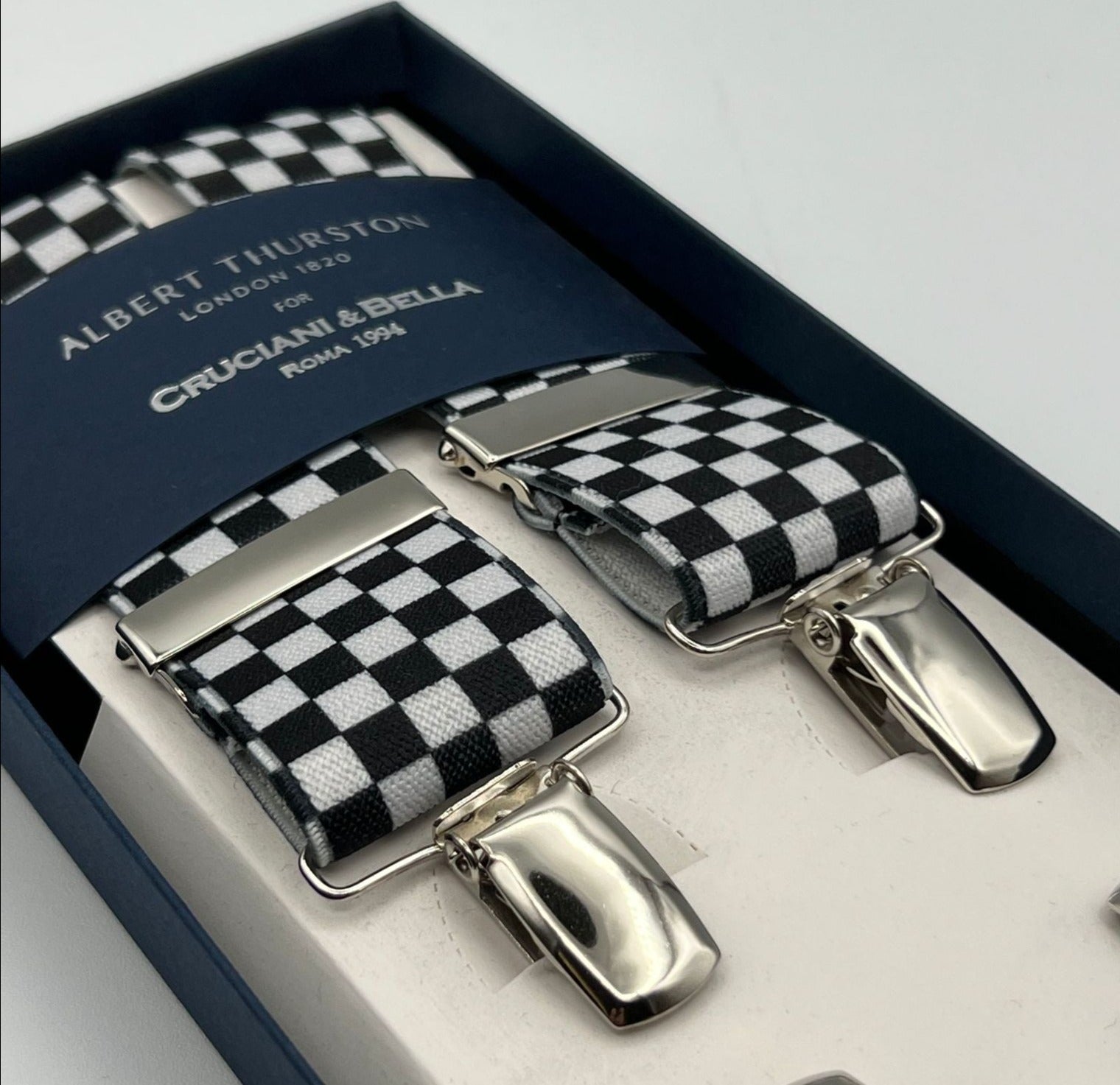 Albert Thurston for Cruciani & Bella Made in England Clip on Adjustable Sizing 35 mm elastic braces Black and White Checks X-Shaped Nickel Fittings Size L