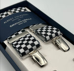 Albert Thurston for Cruciani & Bella Made in England Clip on Adjustable Sizing 35 mm elastic braces Black and White Checks X-Shaped Nickel Fittings Size L