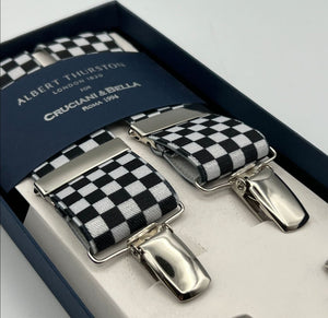 Albert Thurston for Cruciani & Bella Made in England Clip on Adjustable Sizing 35 mm elastic braces Black and White Checks X-Shaped Nickel Fittings Size L