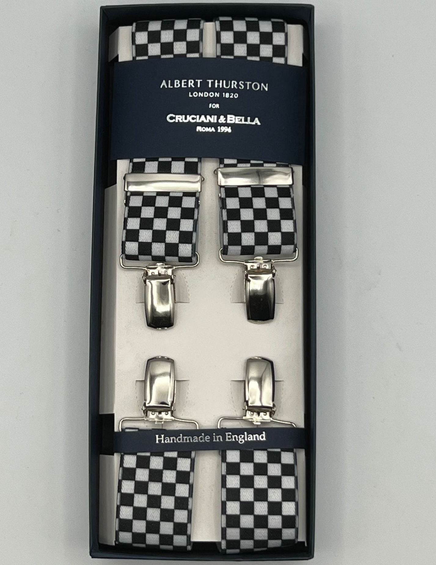 Albert Thurston for Cruciani & Bella Made in England Clip on Adjustable Sizing 35 mm elastic braces Black and White Checks X-Shaped Nickel Fittings Size L
