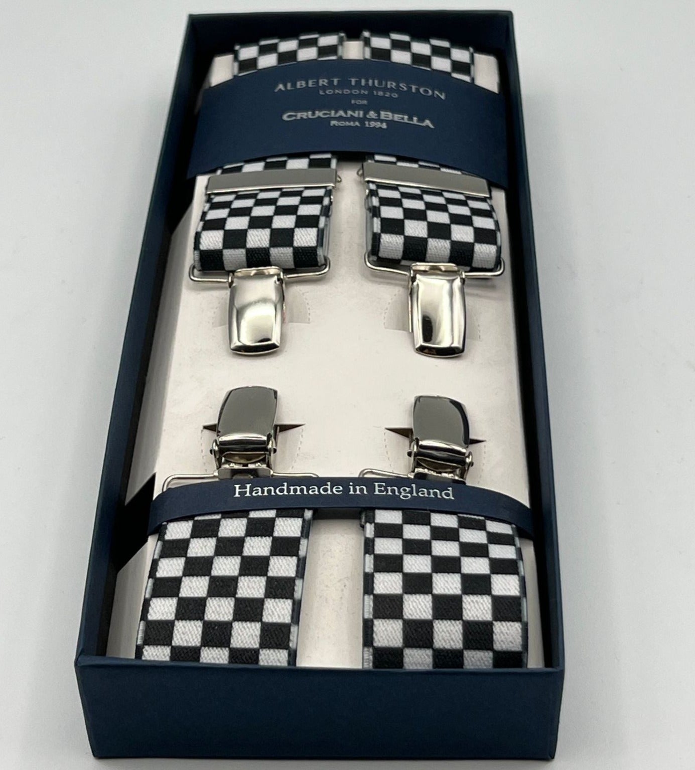 Albert Thurston for Cruciani & Bella Made in England Clip on Adjustable Sizing 35 mm elastic braces Black and White Checks X-Shaped Nickel Fittings Size L