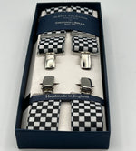 Albert Thurston for Cruciani & Bella Made in England Clip on Adjustable Sizing 35 mm elastic braces Black and White Checks X-Shaped Nickel Fittings Size L