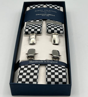 Albert Thurston for Cruciani & Bella Made in England Clip on Adjustable Sizing 35 mm elastic braces Black and White Checks X-Shaped Nickel Fittings Size L