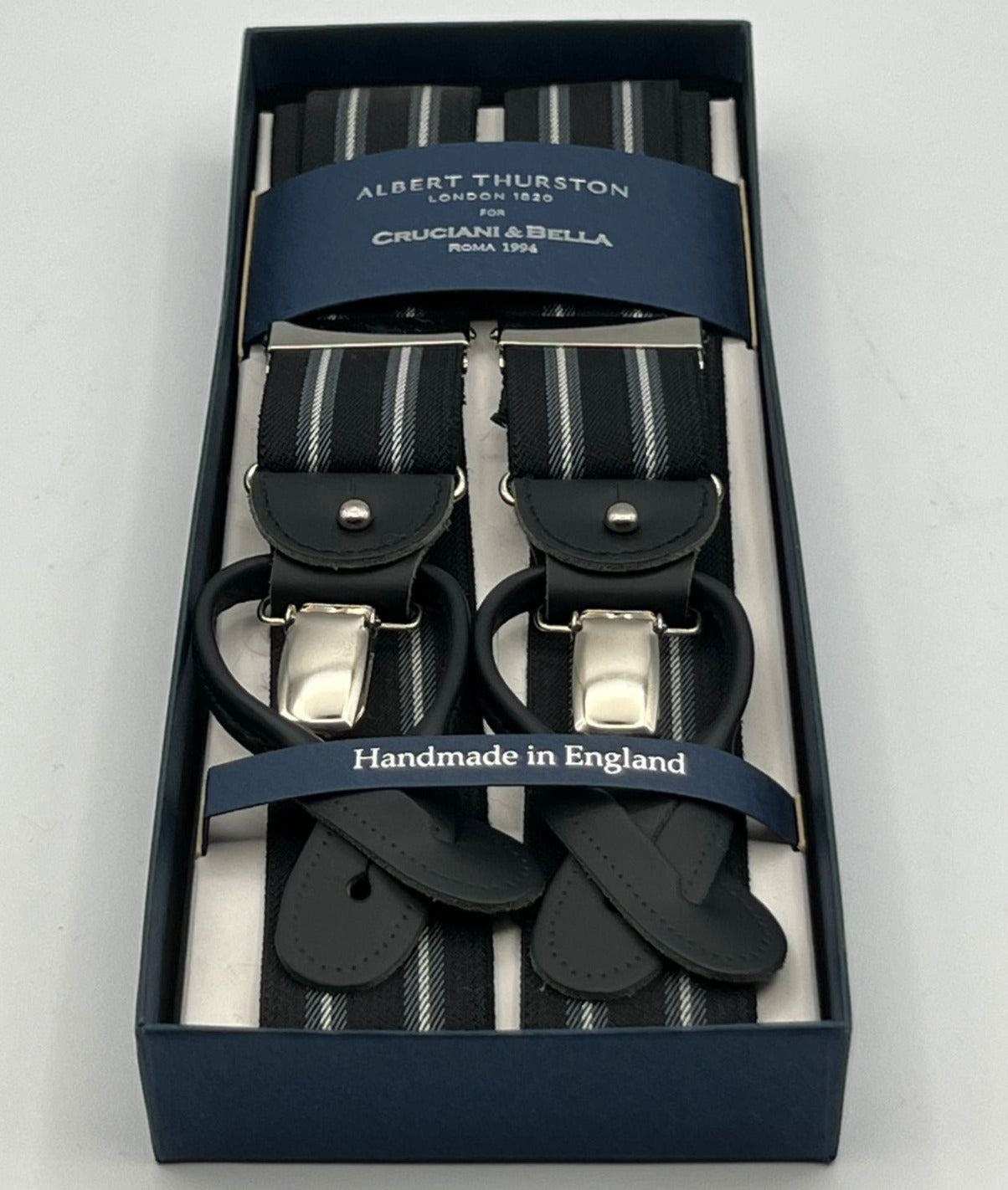 Albert Thurston - Elastic braces  - 2 in 1 - 35 mm - Black, grey and white stripe 