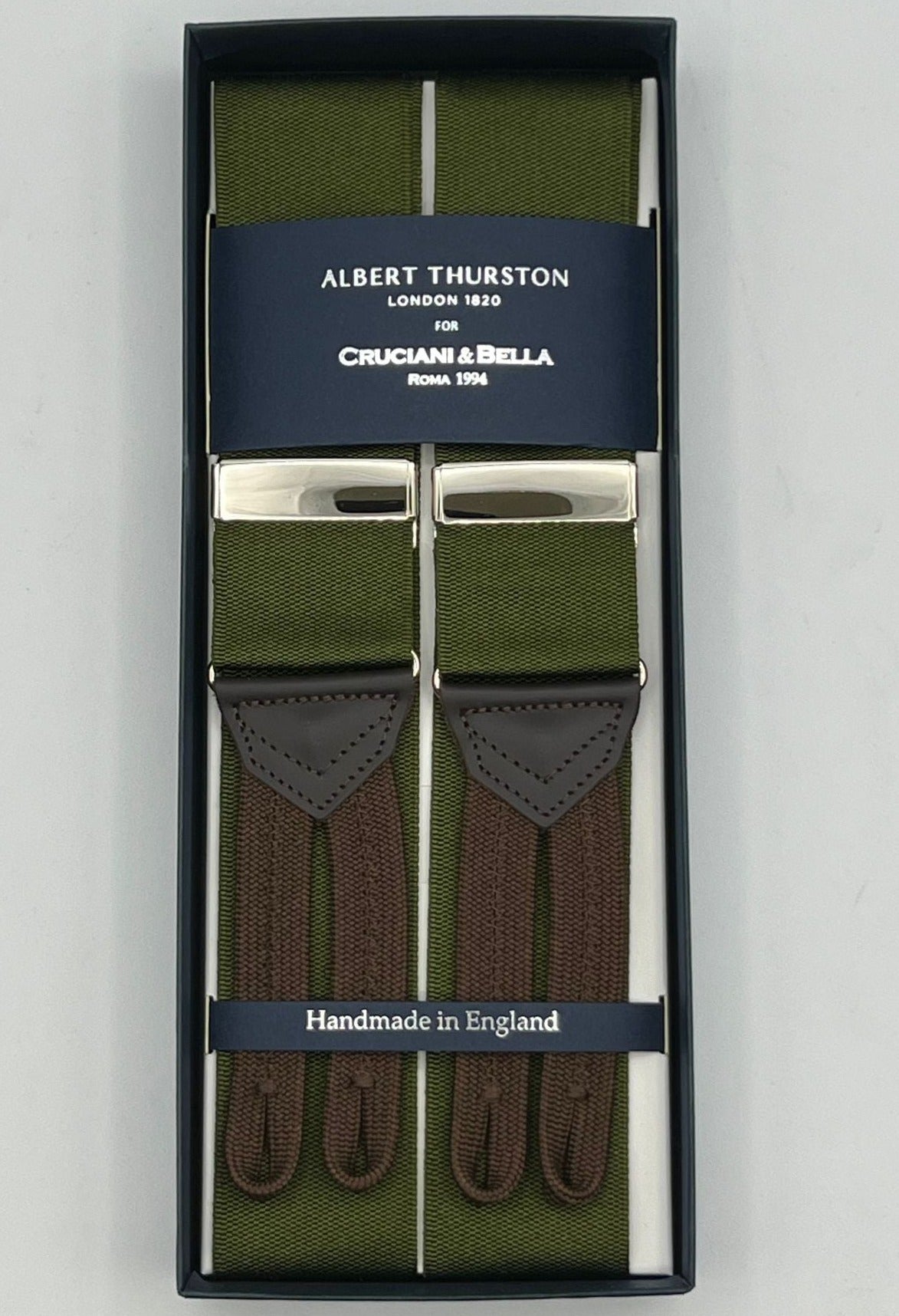 Albert Thurston for Cruciani & Bella Made in England Adjustable Sizing 40 mm Woven Barathea  Olive Plain Braces Braid ends Y-Shaped Nickel Fittings Size: XL